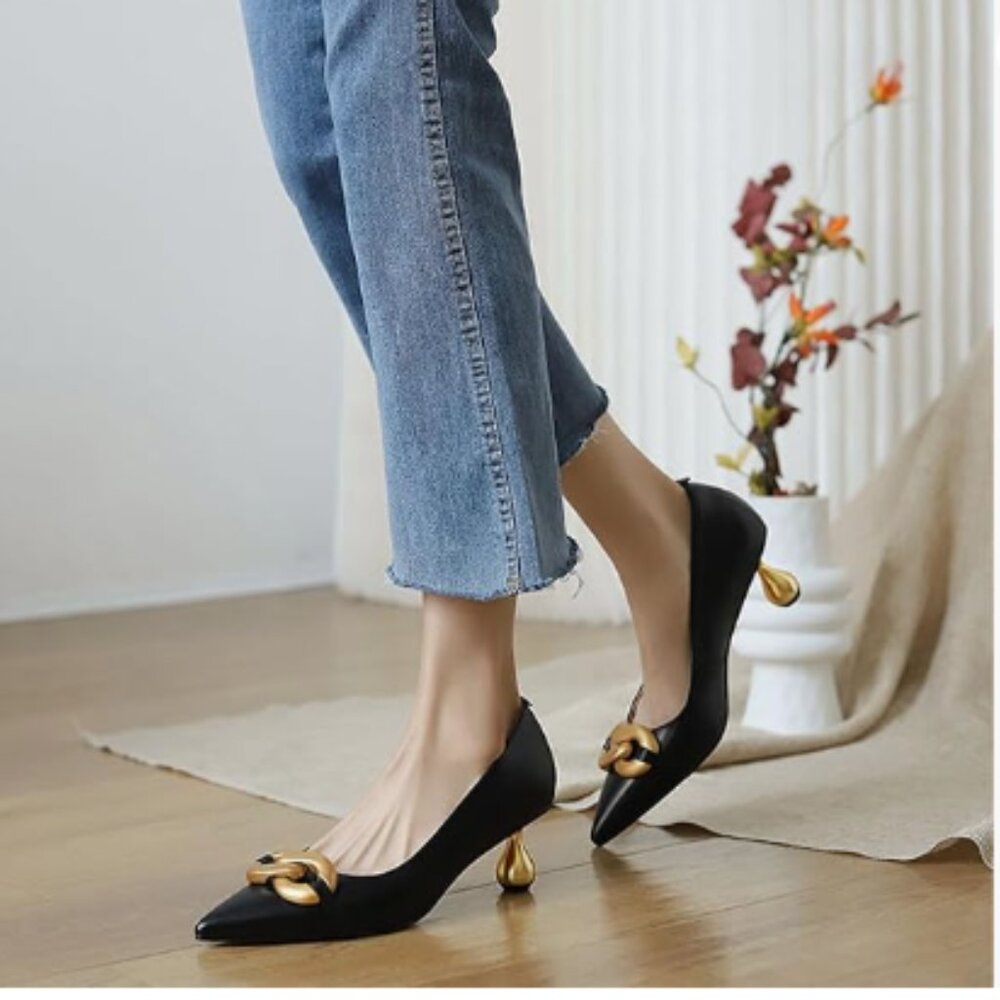 XYD Black Low Heel Pointed Toe Pumps with Metal Chain Solid Golden Heeled Shoes